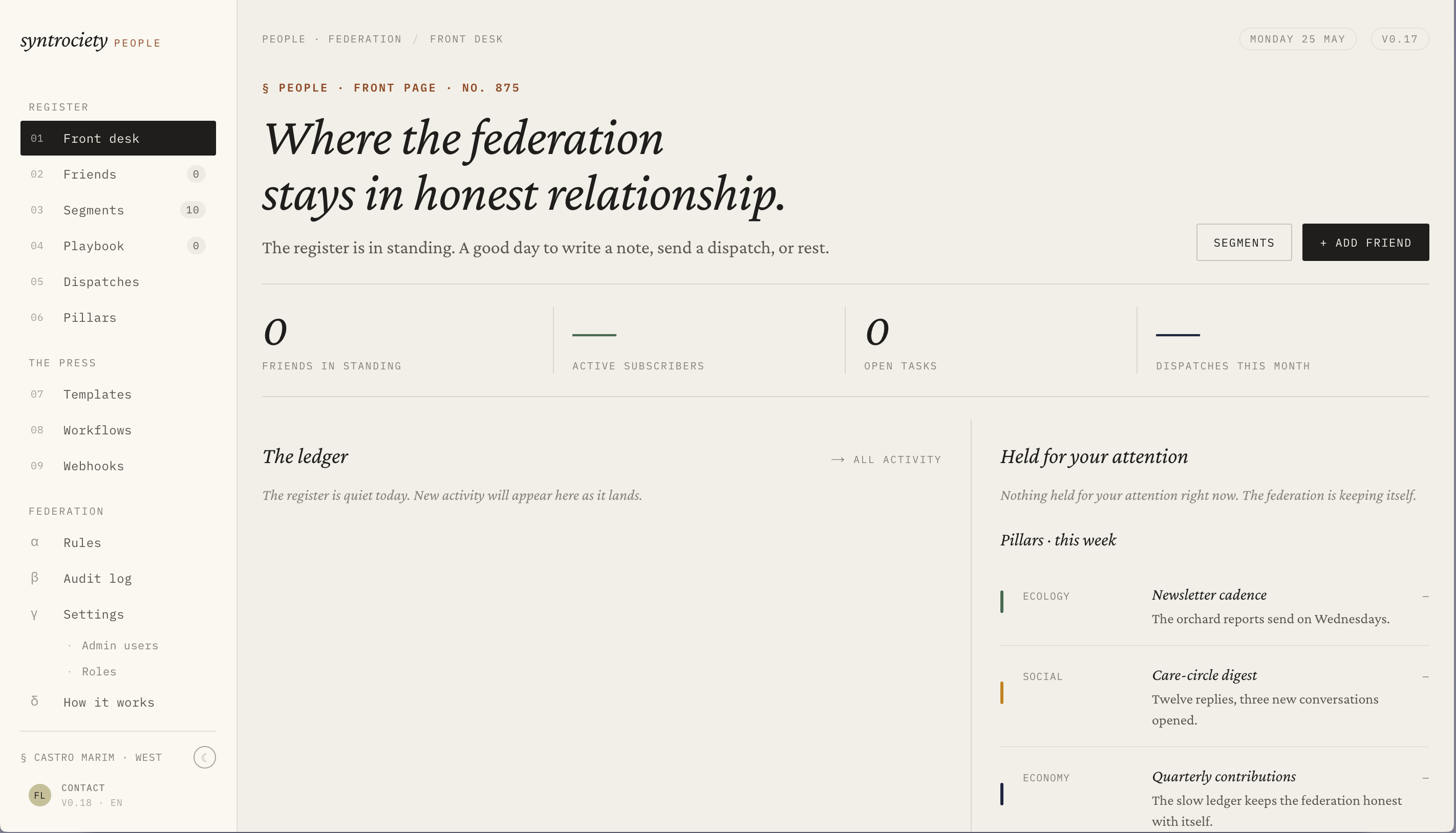 people · front desk, where the federation stays in honest relationship